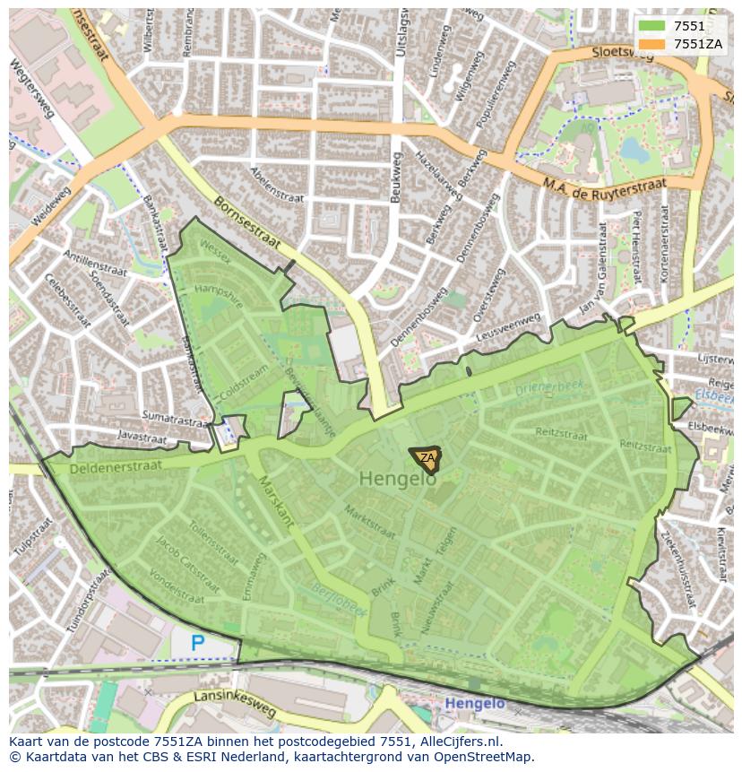 Afbeelding van het postcodegebied 7551 ZA op de kaart.