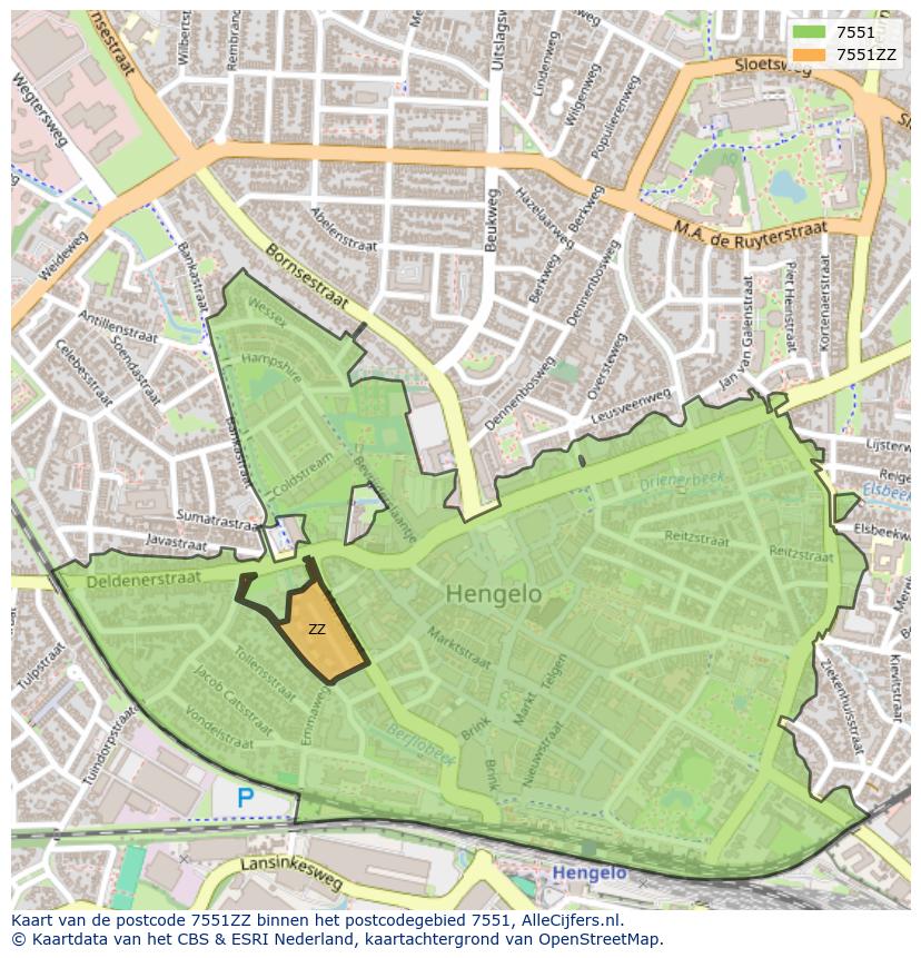 Afbeelding van het postcodegebied 7551 ZZ op de kaart.