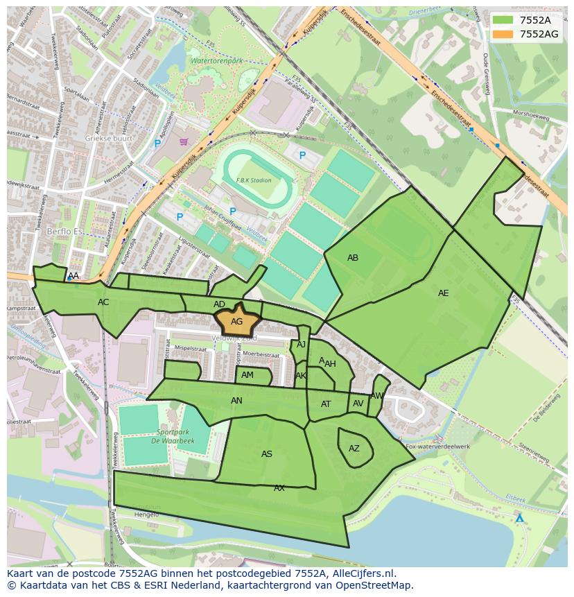 Afbeelding van het postcodegebied 7552 AG op de kaart.