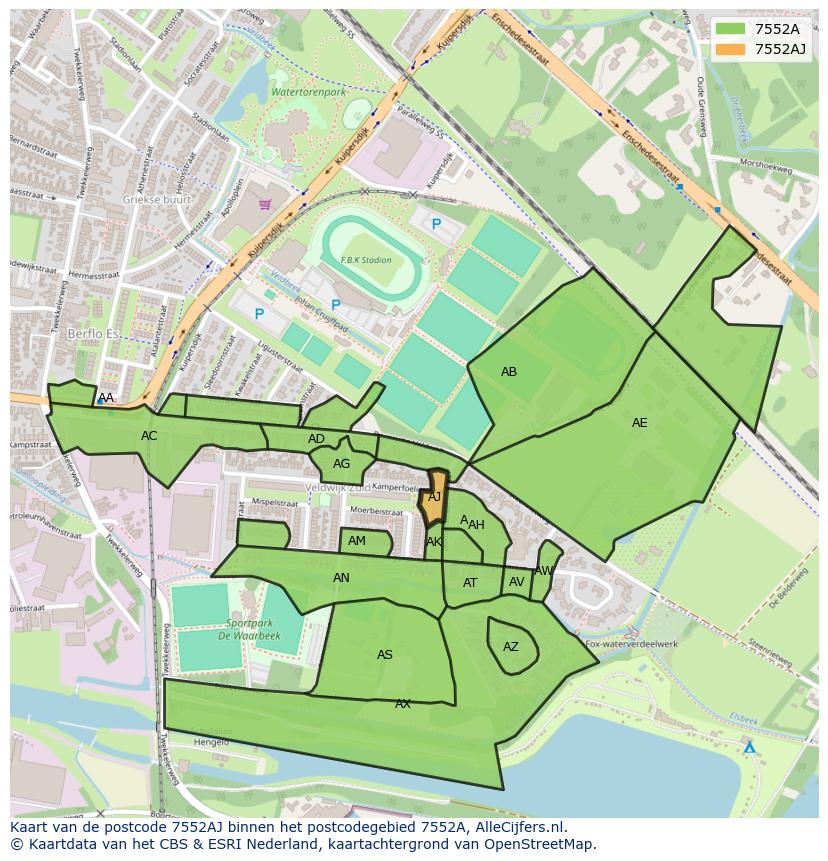 Afbeelding van het postcodegebied 7552 AJ op de kaart.