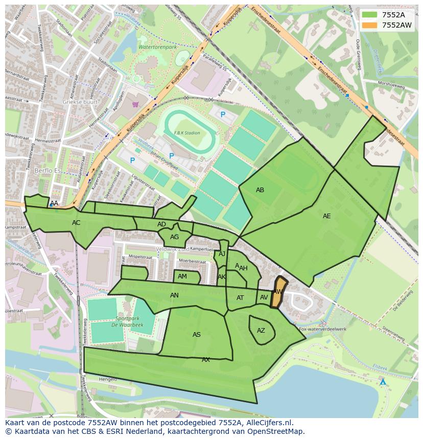 Afbeelding van het postcodegebied 7552 AW op de kaart.