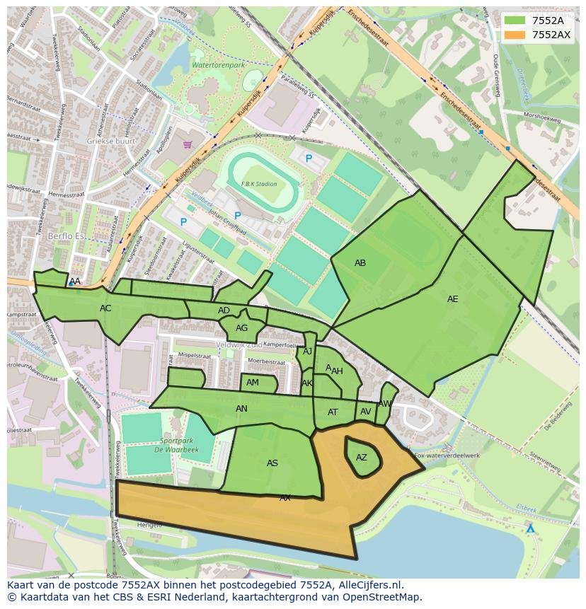 Afbeelding van het postcodegebied 7552 AX op de kaart.