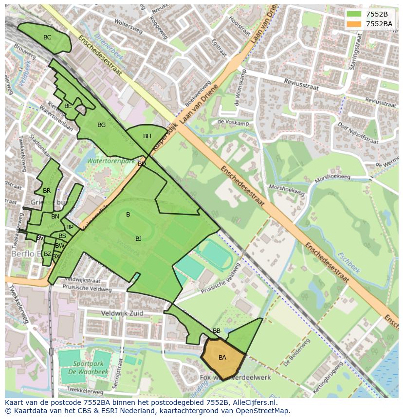 Afbeelding van het postcodegebied 7552 BA op de kaart.