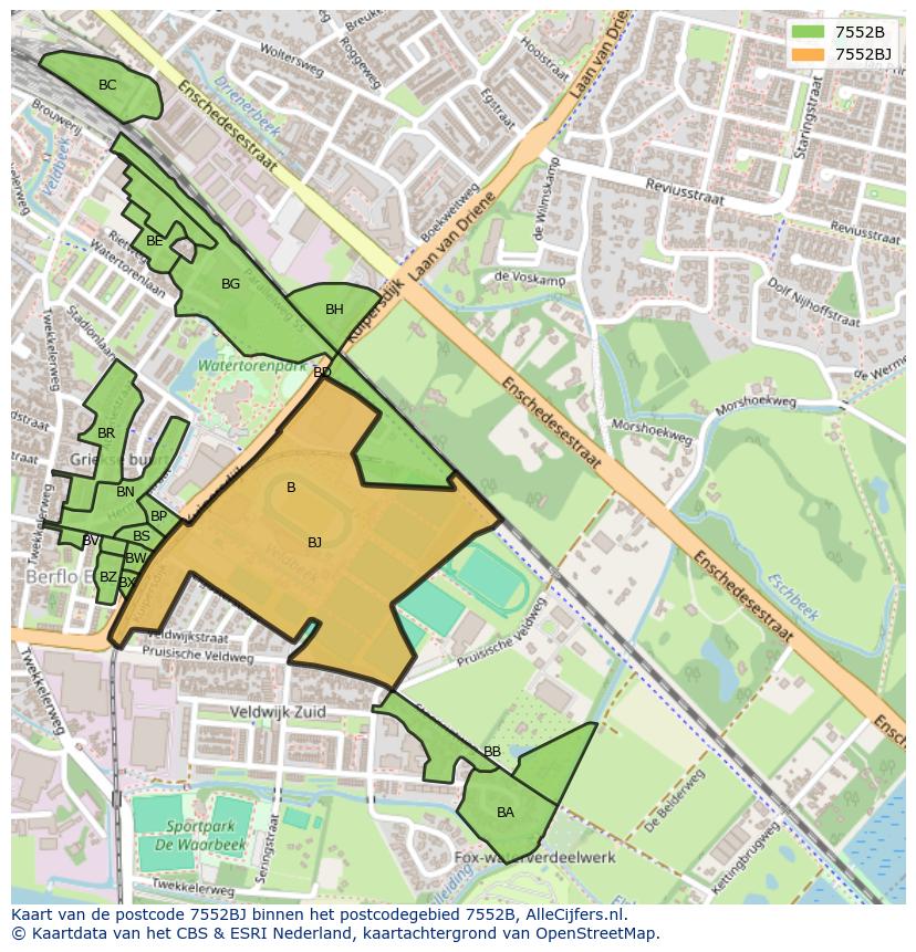 Afbeelding van het postcodegebied 7552 BJ op de kaart.