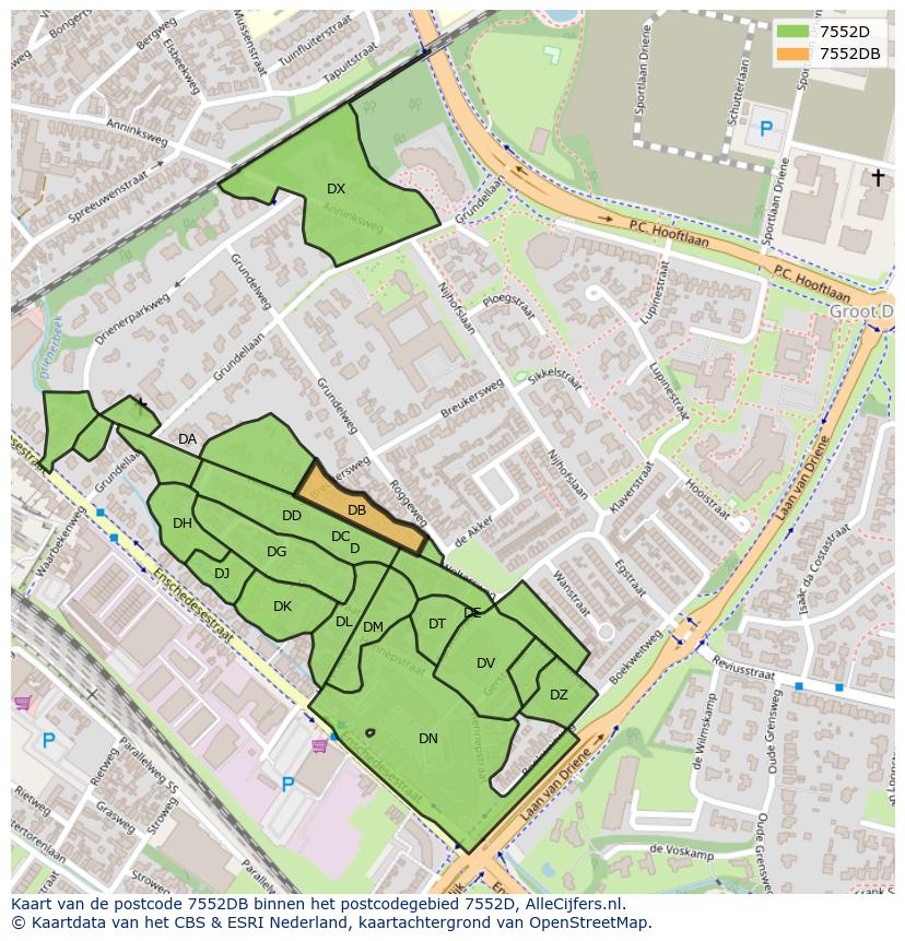 Afbeelding van het postcodegebied 7552 DB op de kaart.