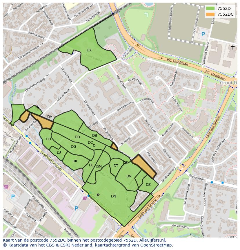 Afbeelding van het postcodegebied 7552 DC op de kaart.