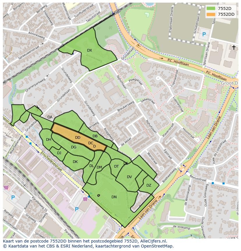 Afbeelding van het postcodegebied 7552 DD op de kaart.