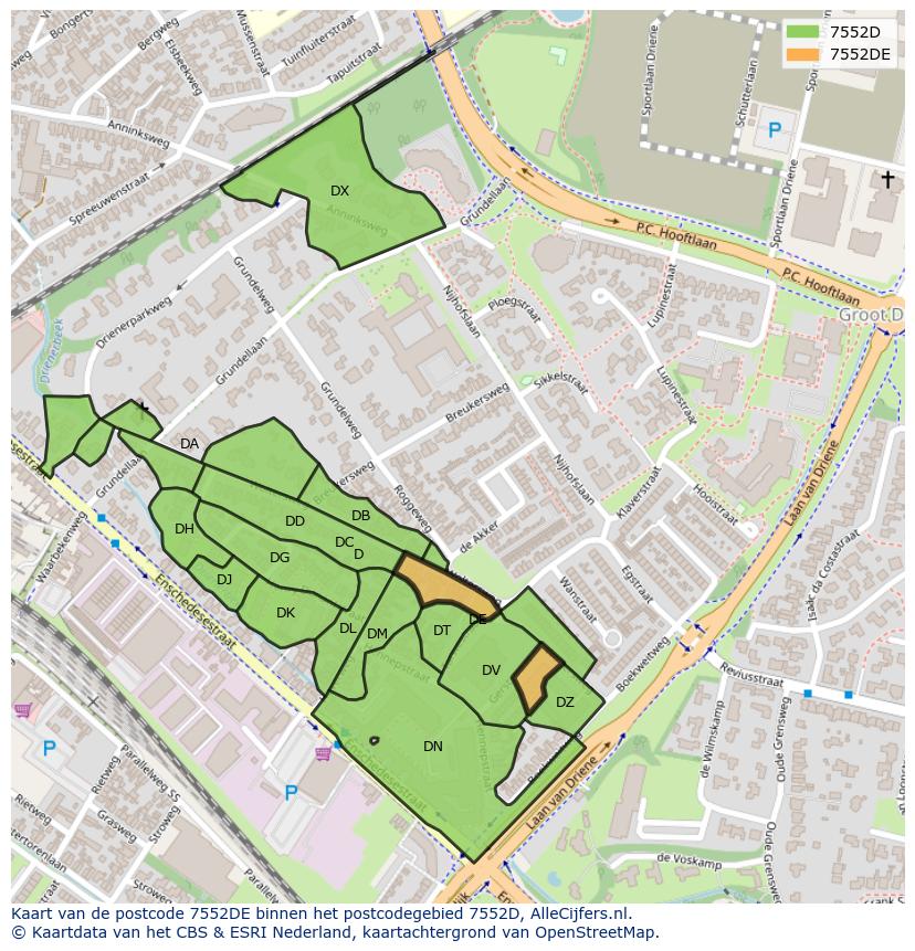 Afbeelding van het postcodegebied 7552 DE op de kaart.