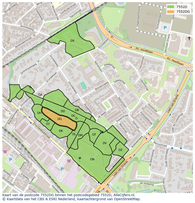 Afbeelding van het postcodegebied 7552 DG op de kaart.