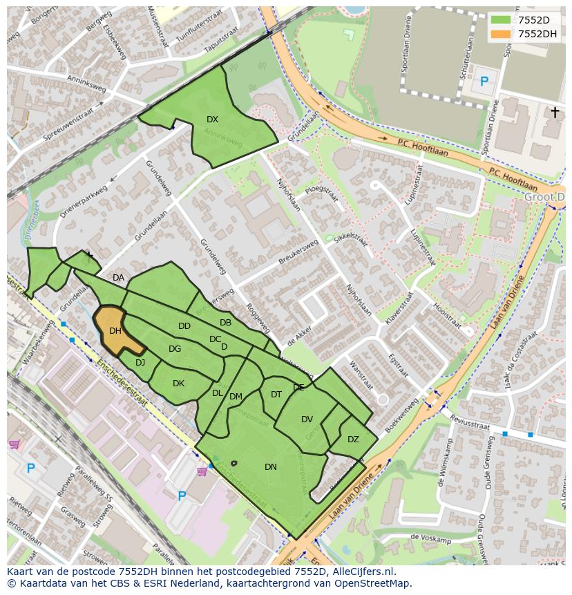 Afbeelding van het postcodegebied 7552 DH op de kaart.