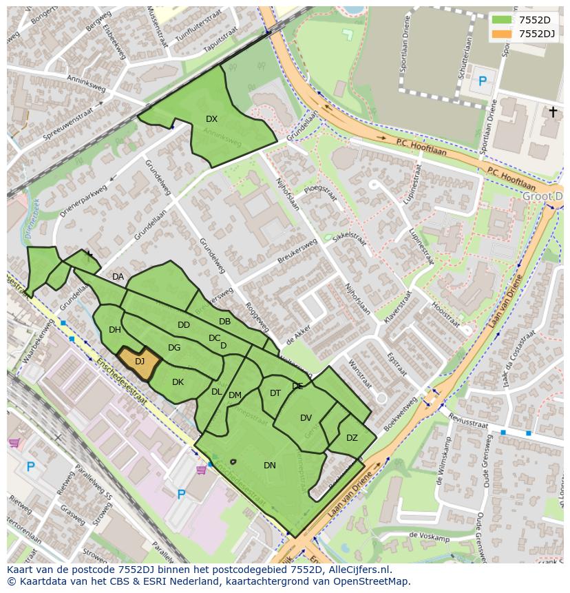 Afbeelding van het postcodegebied 7552 DJ op de kaart.