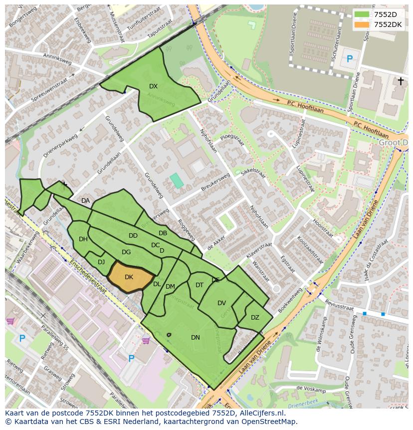 Afbeelding van het postcodegebied 7552 DK op de kaart.