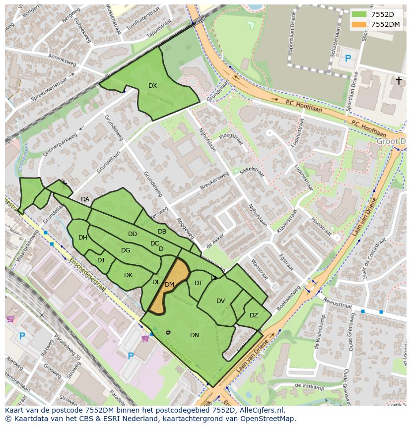 Afbeelding van het postcodegebied 7552 DM op de kaart.