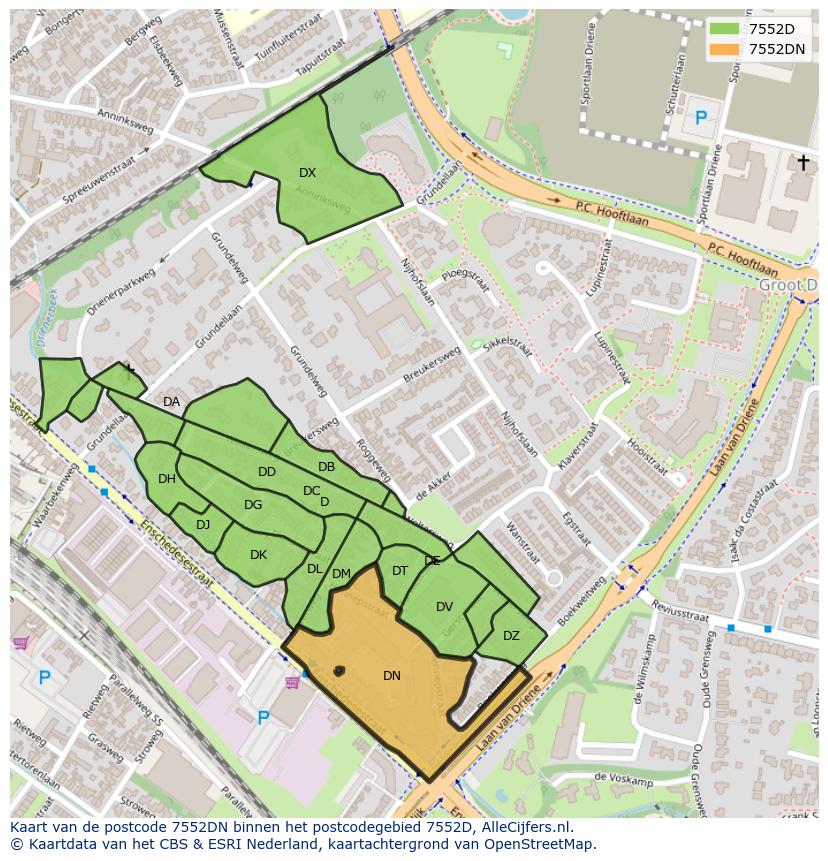 Afbeelding van het postcodegebied 7552 DN op de kaart.