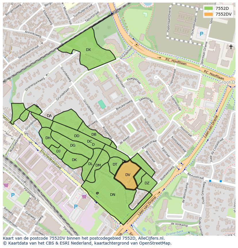 Afbeelding van het postcodegebied 7552 DV op de kaart.