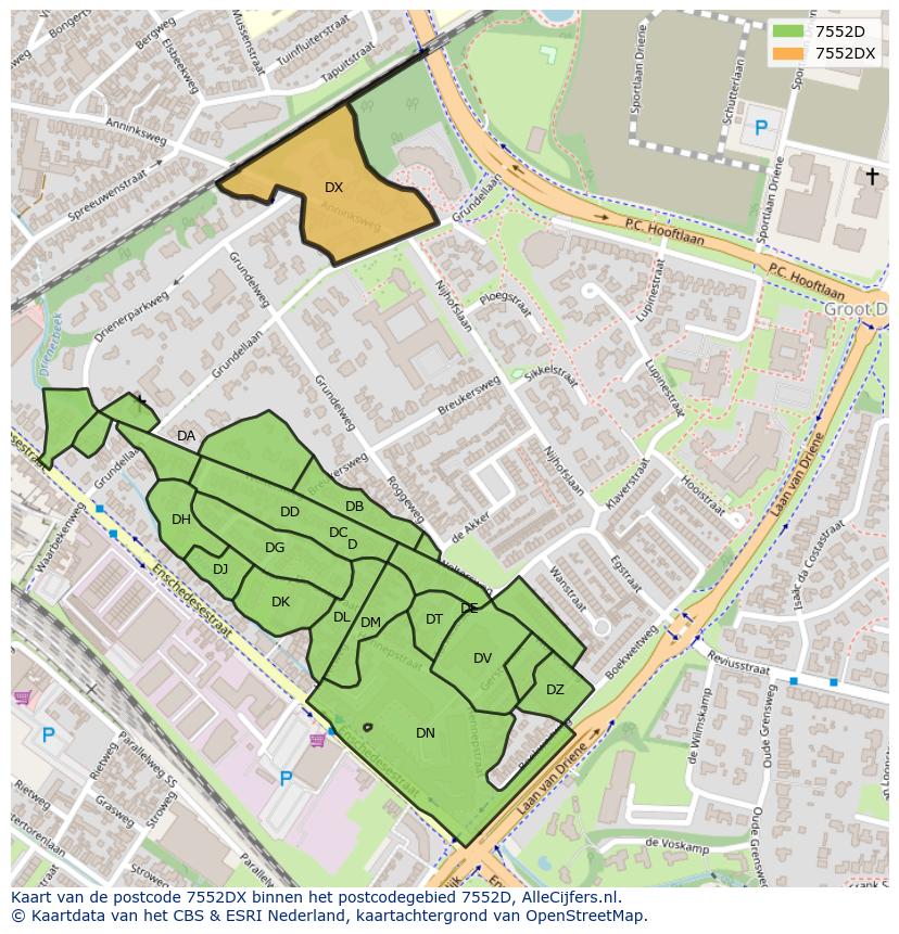 Afbeelding van het postcodegebied 7552 DX op de kaart.
