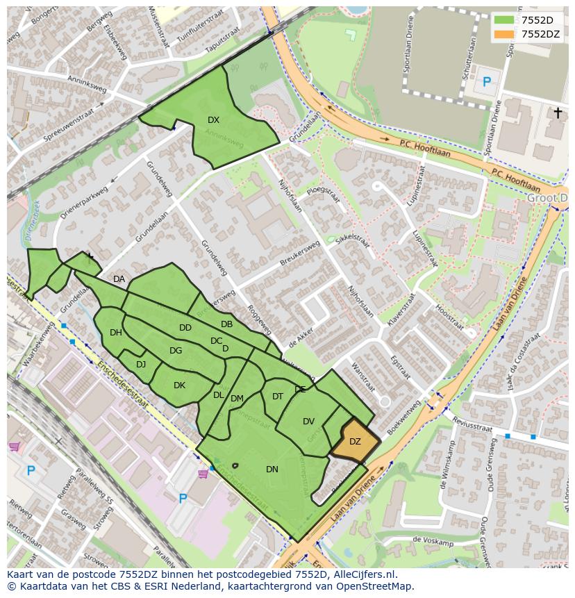 Afbeelding van het postcodegebied 7552 DZ op de kaart.