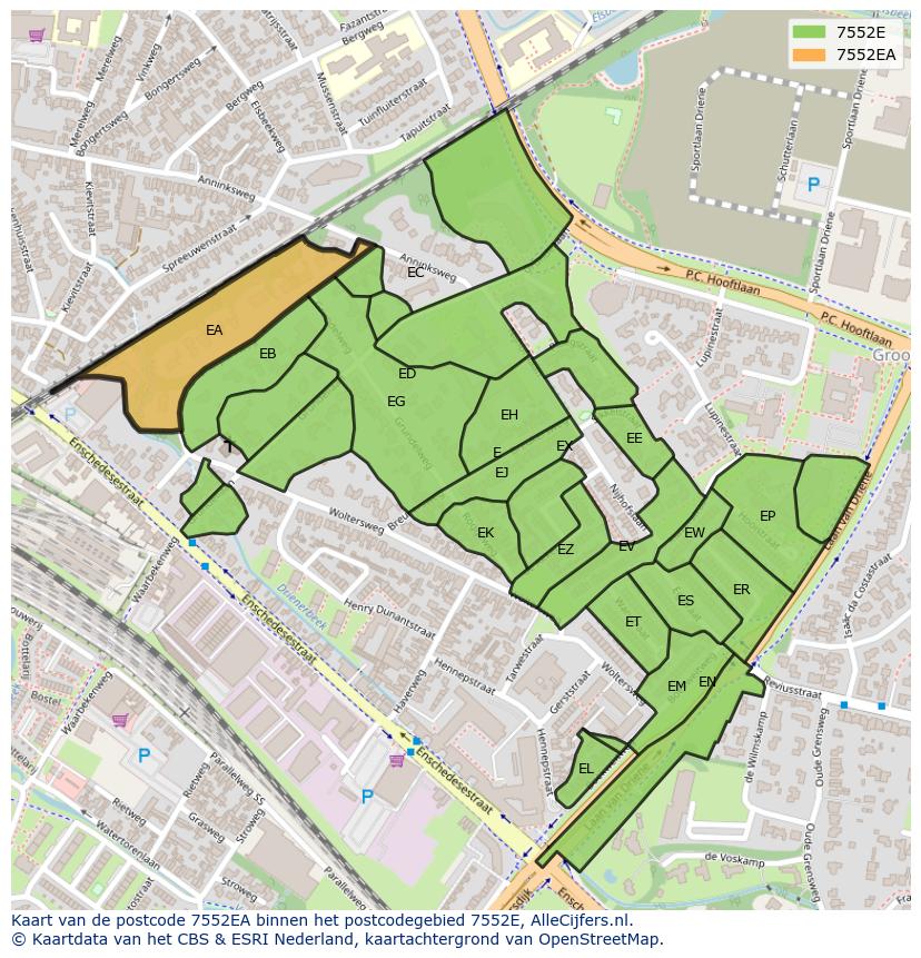 Afbeelding van het postcodegebied 7552 EA op de kaart.