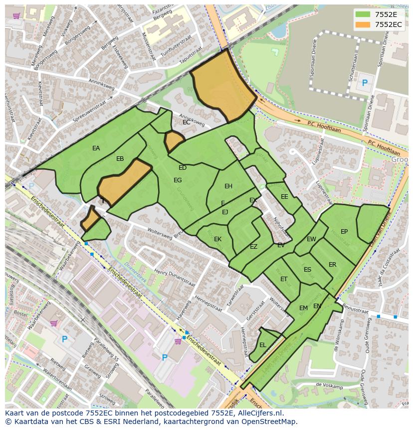 Afbeelding van het postcodegebied 7552 EC op de kaart.