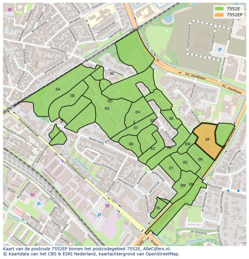 Afbeelding van het postcodegebied 7552 EP op de kaart.