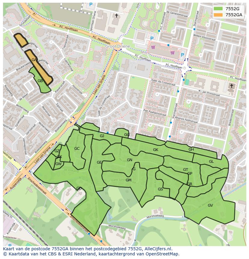 Afbeelding van het postcodegebied 7552 GA op de kaart.