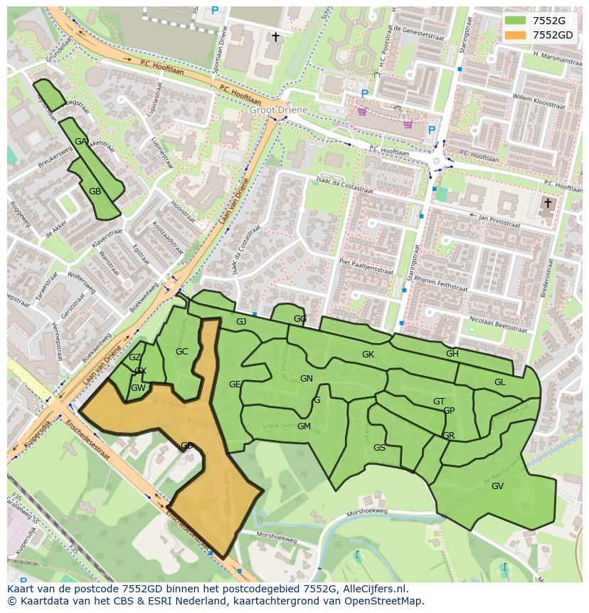 Afbeelding van het postcodegebied 7552 GD op de kaart.