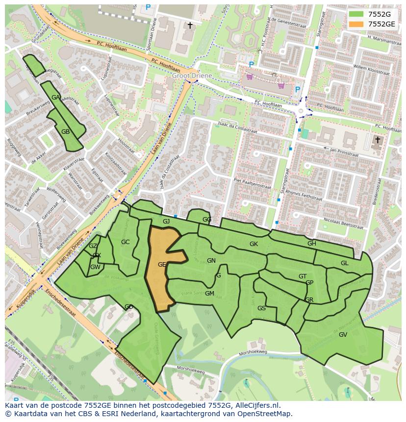 Afbeelding van het postcodegebied 7552 GE op de kaart.