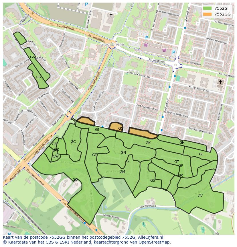 Afbeelding van het postcodegebied 7552 GG op de kaart.