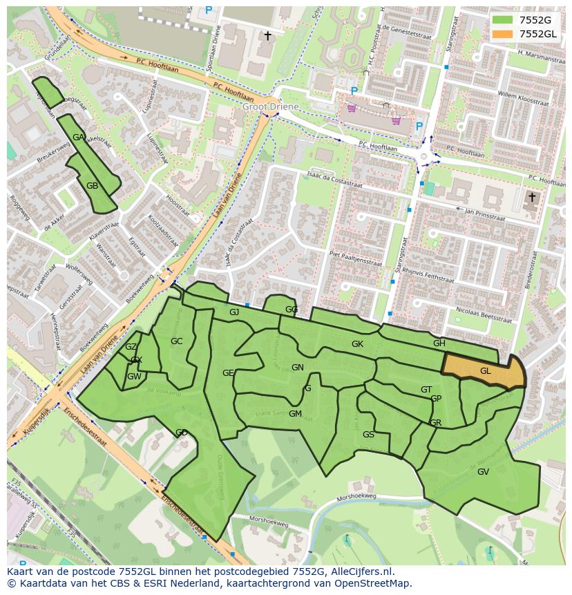 Afbeelding van het postcodegebied 7552 GL op de kaart.