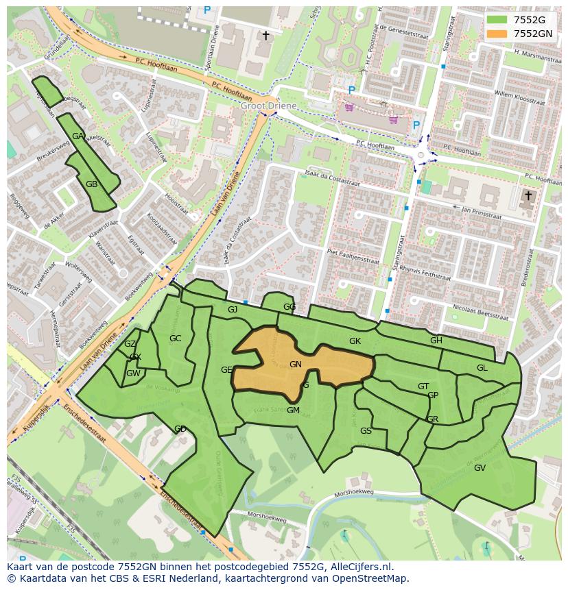 Afbeelding van het postcodegebied 7552 GN op de kaart.