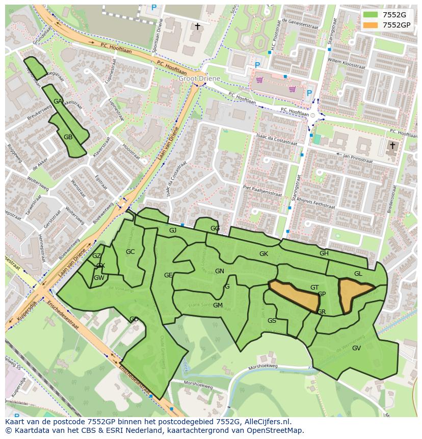 Afbeelding van het postcodegebied 7552 GP op de kaart.