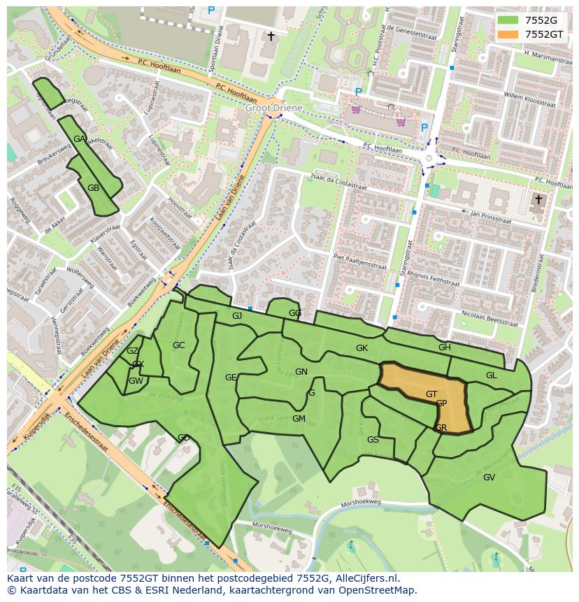 Afbeelding van het postcodegebied 7552 GT op de kaart.