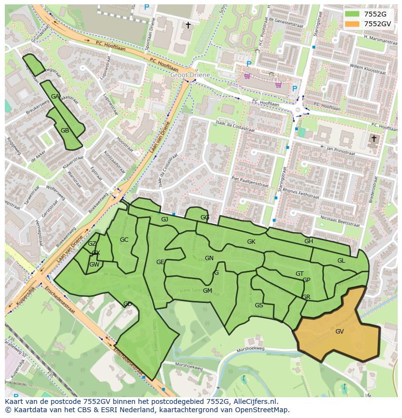 Afbeelding van het postcodegebied 7552 GV op de kaart.