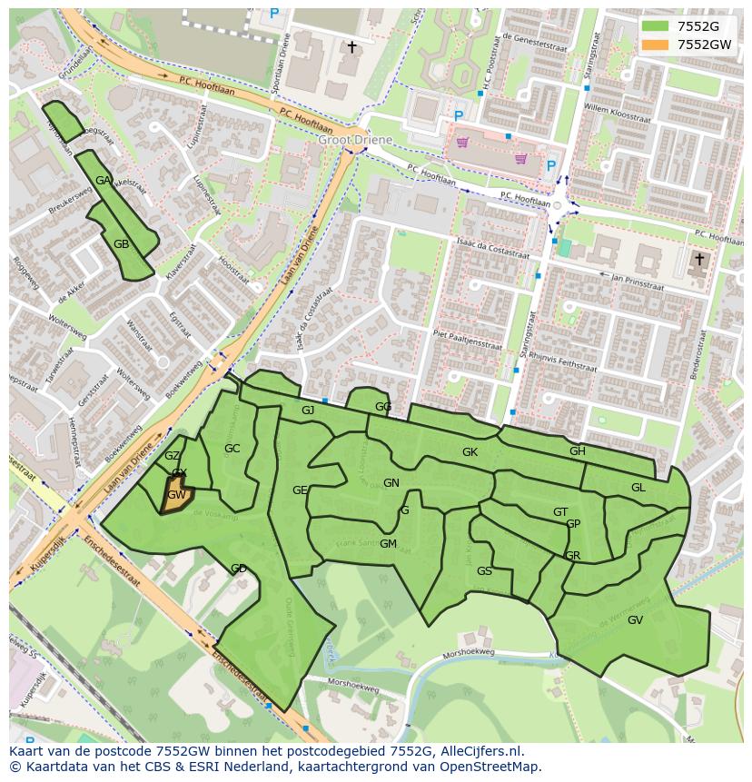 Afbeelding van het postcodegebied 7552 GW op de kaart.