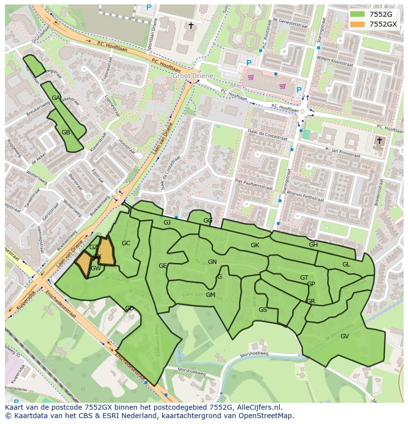 Afbeelding van het postcodegebied 7552 GX op de kaart.