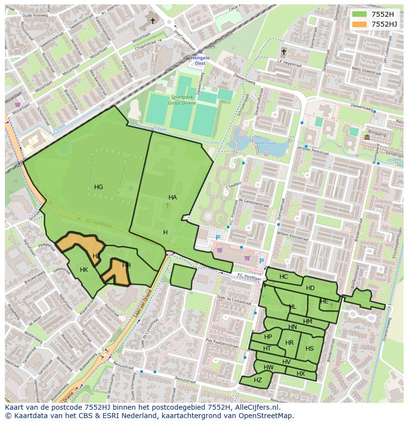 Afbeelding van het postcodegebied 7552 HJ op de kaart.
