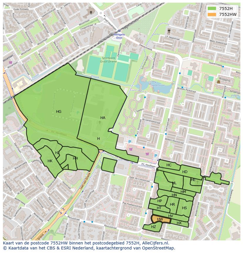 Afbeelding van het postcodegebied 7552 HW op de kaart.