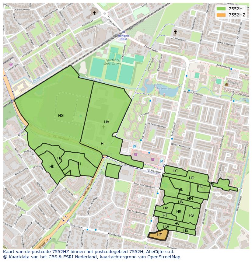 Afbeelding van het postcodegebied 7552 HZ op de kaart.