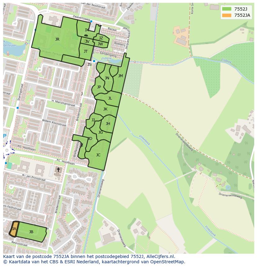Afbeelding van het postcodegebied 7552 JA op de kaart.