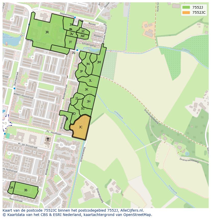 Afbeelding van het postcodegebied 7552 JC op de kaart.