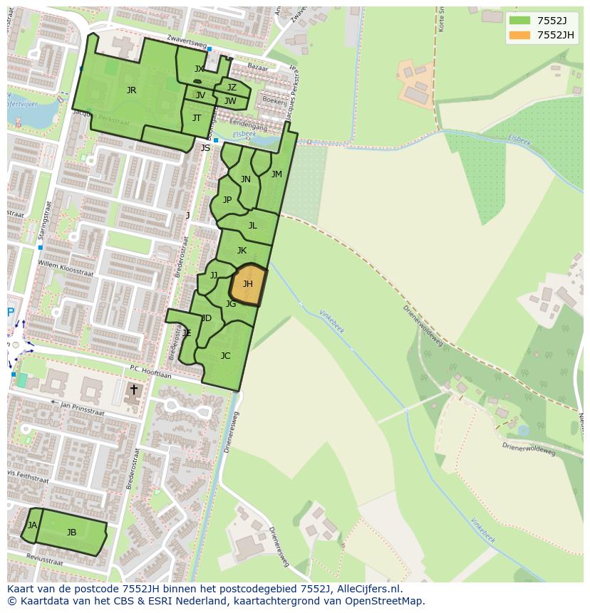 Afbeelding van het postcodegebied 7552 JH op de kaart.