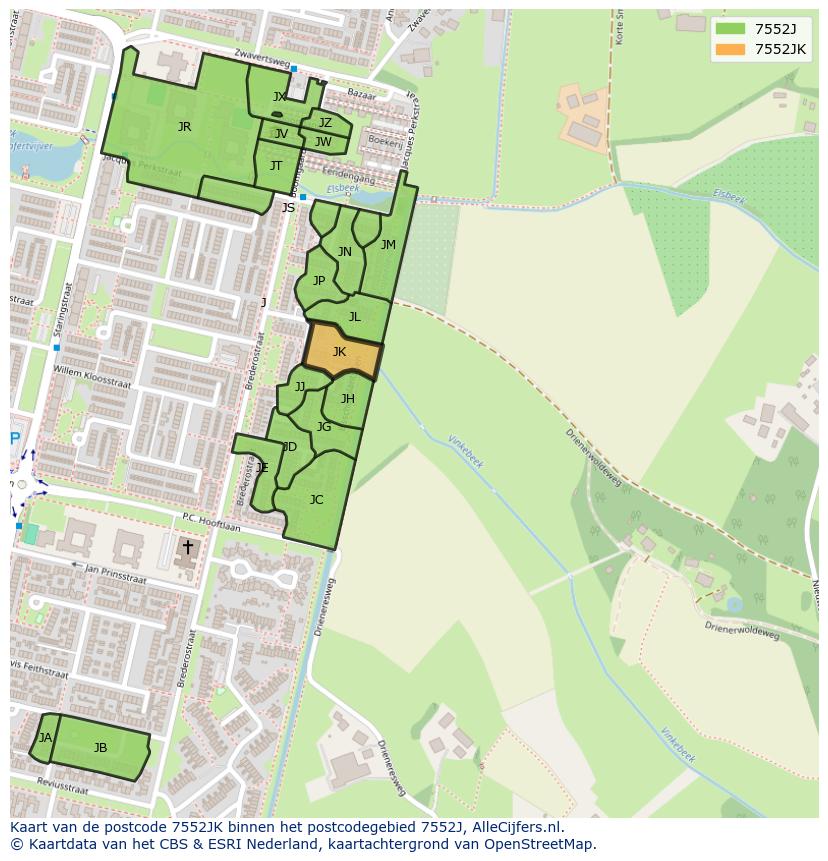 Afbeelding van het postcodegebied 7552 JK op de kaart.