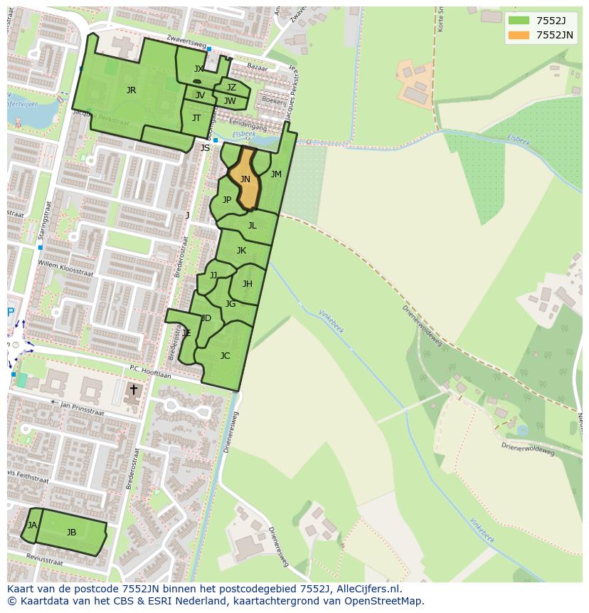 Afbeelding van het postcodegebied 7552 JN op de kaart.