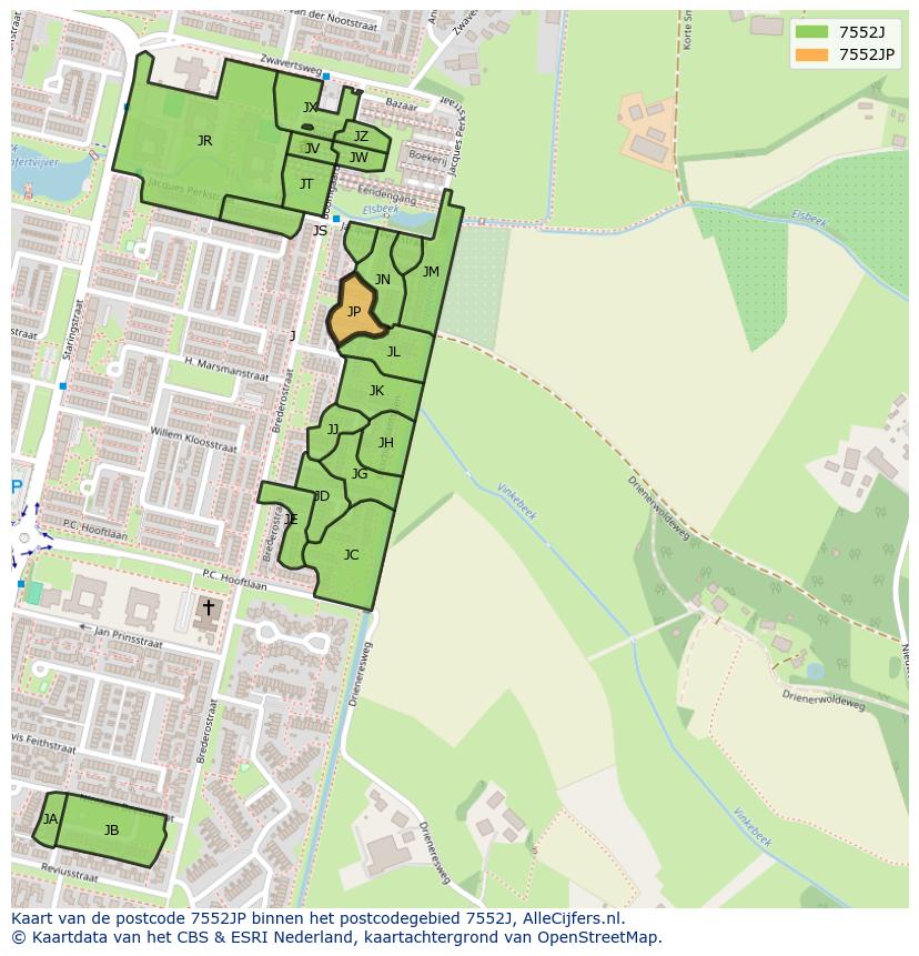 Afbeelding van het postcodegebied 7552 JP op de kaart.