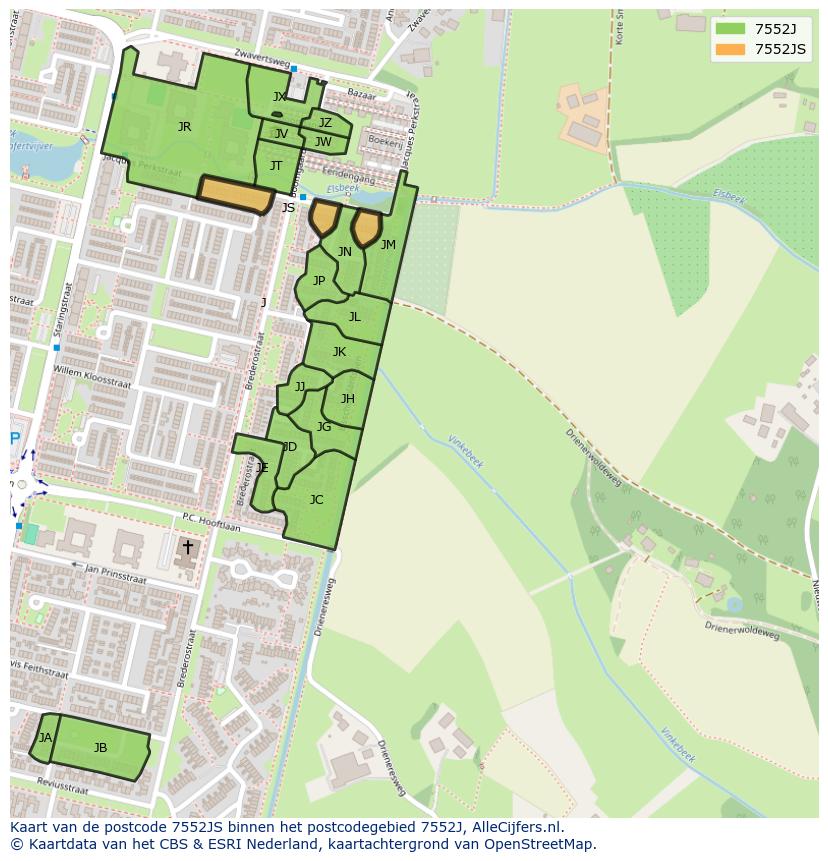 Afbeelding van het postcodegebied 7552 JS op de kaart.