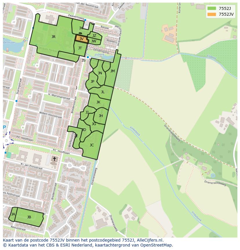 Afbeelding van het postcodegebied 7552 JV op de kaart.