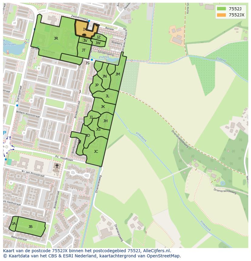 Afbeelding van het postcodegebied 7552 JX op de kaart.