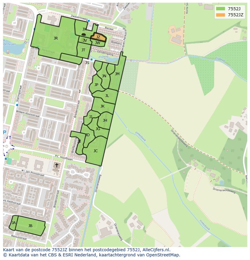 Afbeelding van het postcodegebied 7552 JZ op de kaart.