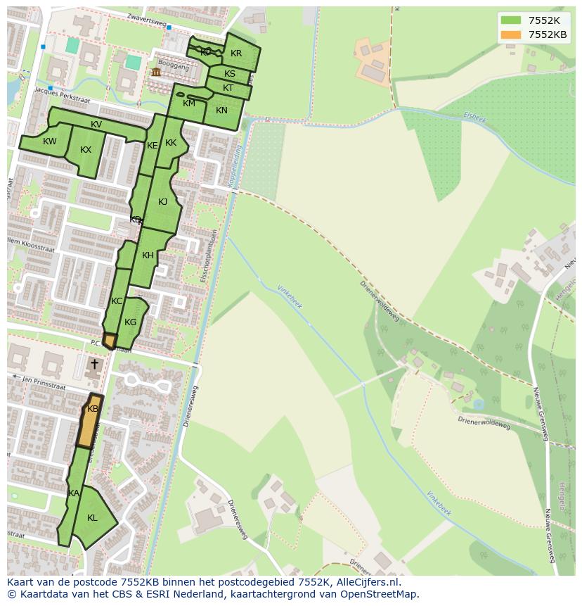 Afbeelding van het postcodegebied 7552 KB op de kaart.
