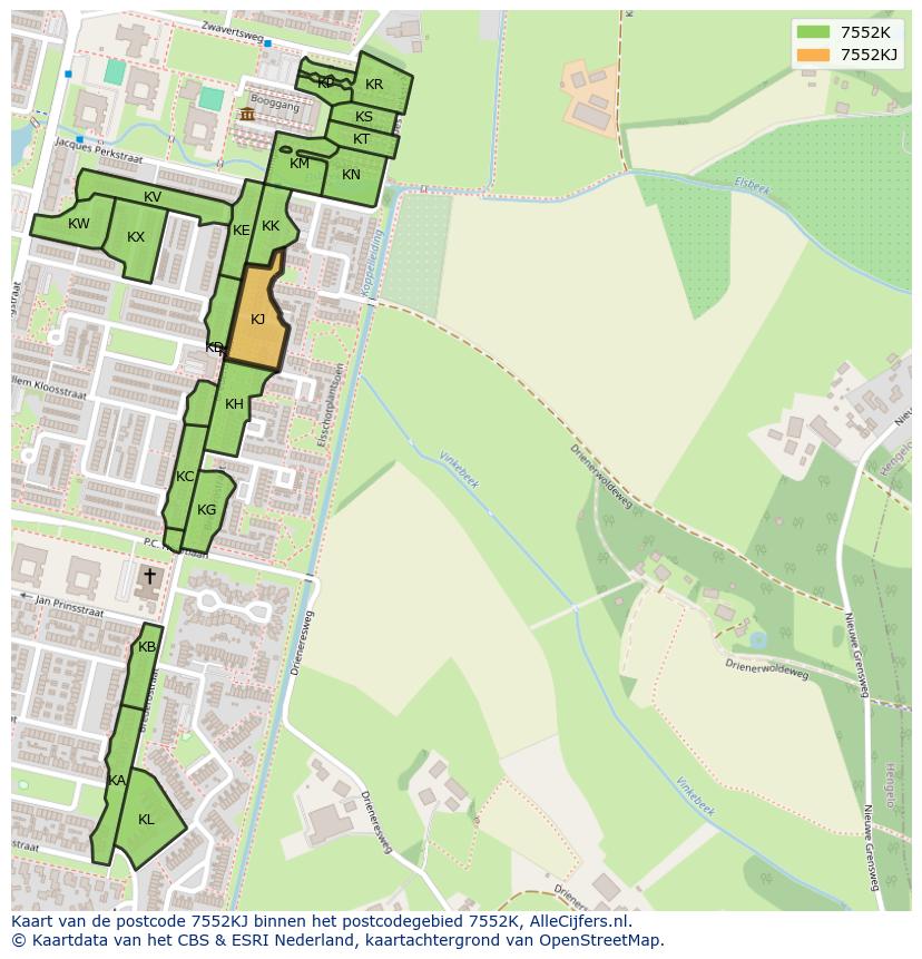 Afbeelding van het postcodegebied 7552 KJ op de kaart.